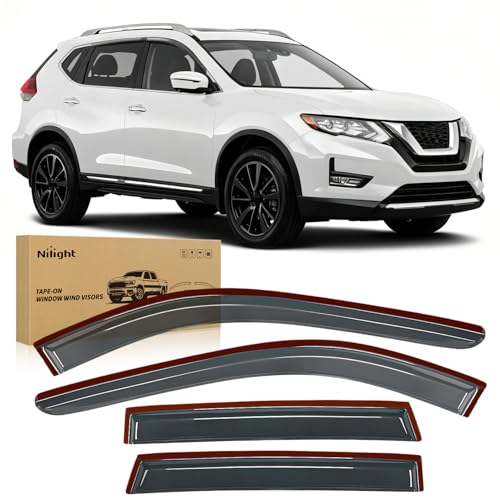 Image of Nilight Tape-On Window Visors for Nissan Rogue 2014-2020, Smoke, 4PCS | Outside Mount Rain Guards and Wind Deflectors, Not for Rogue Sport, Helps Block Rain, Sun and Road Wind