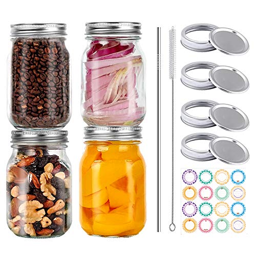Mason Jars 16 Ounce, Lonffery Glass Regular Mouth Jars with Silver Metal Airtight Lids, Food Storage, Canning, Drinking, Overnight Oats, Jelly, Dry Food, Spices, Salads, Yogurt (4 Pack)
