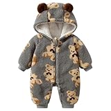 [SLINX] ロンパース ベビー服 くまさん カバーオール 着ぐるみ 前開き 秋冬 もこもこ ジャンプスーツ ボア 防寒 厚い 暖かい フード付き 男の子 女の子 X35 (80, グレー)