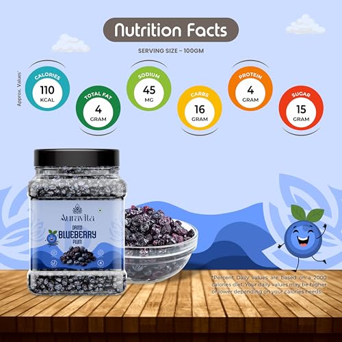 Image of Auravita Premium Dried Blueberry Plum 500gm | Whole & Naturally Sweet |Ideal for Baking, Toppings & Snacking Jar Pack Of 1