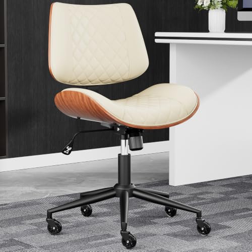Image of Home Office Desk Chair with Swivel Wheels, Mid-Century Modern PU Leather Armless Office Chair, Small Mid Back Computer Chair for Home Office, Meeting Room