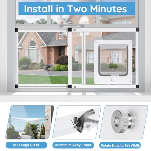 Sliding Cat Door for Window, Fits 32"-37" Width Window, 1-Min Install | Aluminum Frame + HD Glass | Weatherproof Design | Magnetic Closure Window Cat Door Insert, Adjustable Pet Door Window for Cats - Image 6