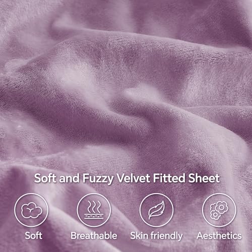 BEDELITE Velvet Fitted Sheet and Pillowcases Set, Luxury Soft Fuzzy Bottom Sheet with Reinforced Elastic Corner Straps, Deep Pocket up to 15 Inch, 1 Fitted Sheet and 2 Pillowcases (Queen, Lavender)