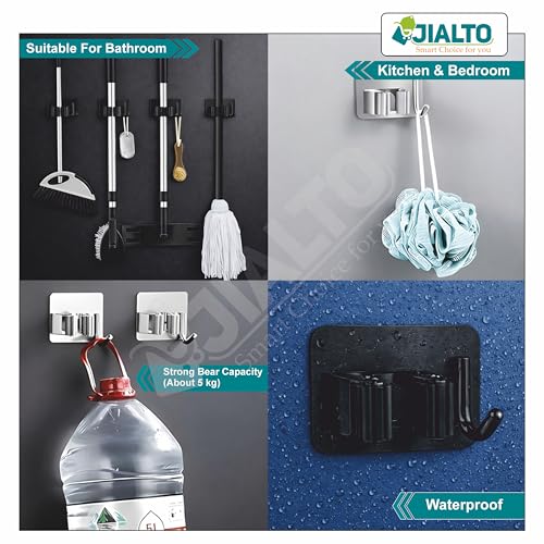 Image of JIALTO 1 PCS Adhesive Broom Holder Wall Mounted - Stainless Steel Mop Holder for Bathroom & Kitchen, No Drill Wall Organizer for Broom Stick, Cleaning Tools Hanger Black
