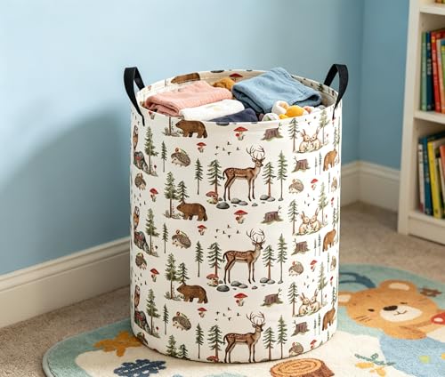 Image of Baby Laundry Basket Baby Nursery Hamper Kids Laundry Basket Toy Storage Bin for Boys Room Decor Gift Baskets for Bedroom Bathroom(Woodland Animal)