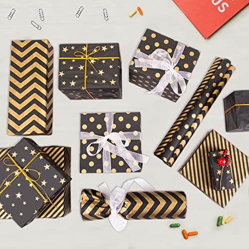 Image of Larcenciel 50 Sheets Black Gold Tissue Paper, 5 Styles Metallic Tissue Paper for Gift Bags, Glitter Gift Wrapping Tissue Paper Bulk for Graduation, Birthday, Holiday, Party Decor, DIY Craft, 20x14inch