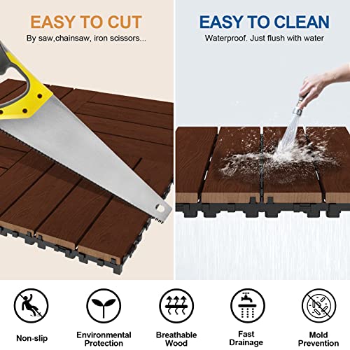 Goovilla Wood Interlocking Deck Flooring Tiles, 9 Pack Wood Floor Tiles, 12X12" Waterproof Patio Deck Tile, Outdoor Flooring All Weather Use, Patio Floor Decking Tiles For Indoor Porch Balcony, Walnut #TOP3