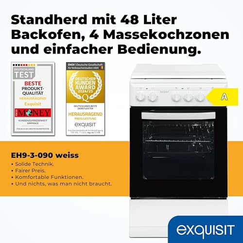 Exquisit Elektro-Standherd | 48 l Garraum, Energieklasse A, 1800 W Ofenleistung | Ober- und Unterhitze, Kochfeld mit vier Kochstellen, Innenbeleuchtung, Drehknopfbedienung, freistehend | EH 9.3-9