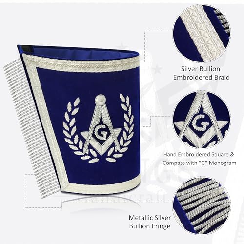 Master Mason Masonic Cuffs – Blue Velvet with Gold or Silver Embroidery | Square & Compass G | Pair with Fringe2