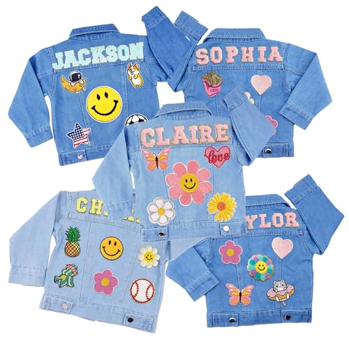 Custom Kids Denim Patch Jacket with Personalized Name and Tags - Premium Cotton Jean Jacket for Boys and Girls Aged 1-84