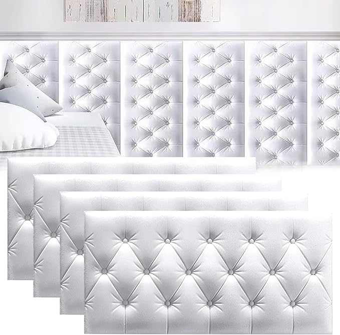 MOTTK 4/6/8 Pack 3D Anti Collision Wall Padding Panels,70x35cm DIY Peel and Stick Headboard Panel Wall Cushion Protection for Bedroom Nursery (White,4)