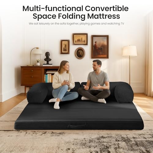 Image of Tri-Fold Foldable Mattress, Convertible Folding Sofa Bed with Removable Arms & Washable Cover, All-in-One Portable Mattress Floor Sofa Bed, No Assembly Required & Non-Slip, Full Size, Black