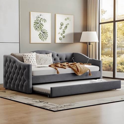 UQGVML Twin Size Daybed with Trundle, Upholstered Day Bed for