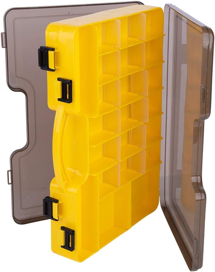 Goture Fishing Tackle Storage Hard Case 2 Sided Storage Trays Handle Portable Plastic Organizer Box 44 Compartments Sea Boat Accessory 12 8 3 Smoke Yellow Yellow MEDIUM(Size: 12'' L X 8'' W X 3'' H)
