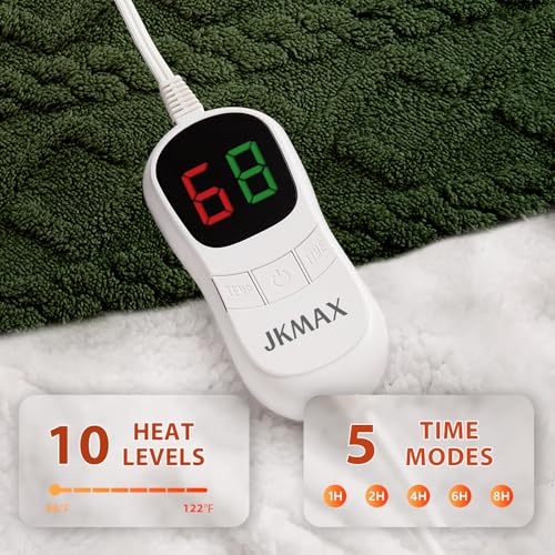 JKMAX Heated Electric Blanket King Size-100"x90" Heating Blanket with 10 Heating Levels & 5 Time Settings Over-Heat Protection,Winter Warmer for Adults with ETL Certification(Green)