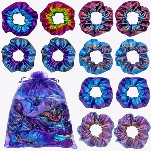 SHESABLE 12 Pcs Scrunchies for Girls Shiny Metallic Scrunchies Elastic Hair Bands Colorful Hair Ties for Ponytail Holder Cute Hair Accessories for Women -Gradient Blue Set