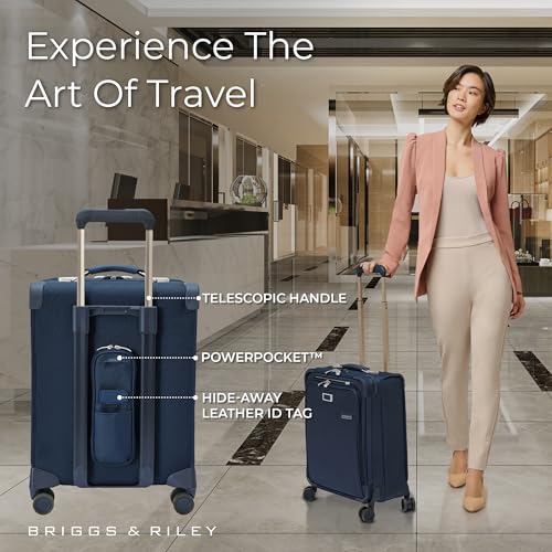 Image of Briggs & Riley Global 21 inch Carry On Expandable Spinner - Luggage for International Travel, Suitcases with Wheels, Softside Rolling Bag for Men & Women, Self-Repairing Zipper - Baseline Collection, Navy