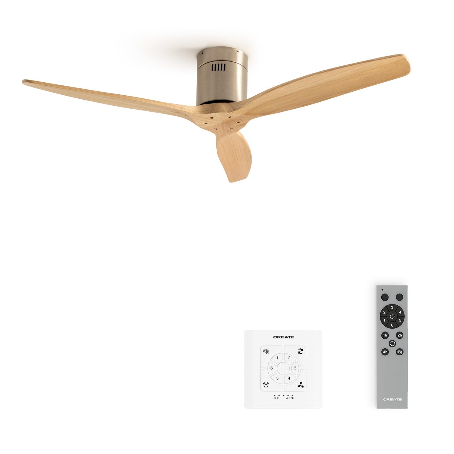 CREATE / WINDCALM NATURAL WOOD M/Ventilador de techo níquel aspas madera clara con controlador y mando / 40W, Temporizador, Ø132 cm, 6 velocidades, silencioso, función verano-invierno