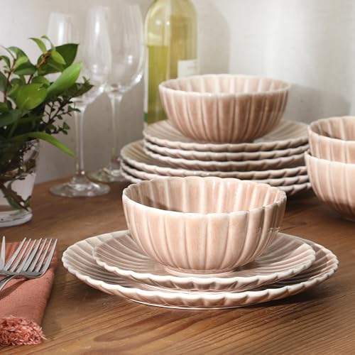 Image of Gibson Elite Peach Orchard 12-Piece New Bone China Dinnerware Set Service for 4, Embossed Fluted Plates and Bowls, Dishwasher and Microwave Safe, Mauve Rose