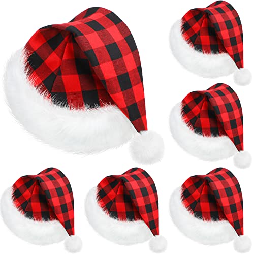 SATINIOR 6 Pieces christmas Santa Hat Claus Xmas Hat for Adults Unisex with Lining Plush Brim for Christmas New Year (Buffalo Plaid, Adult Size)