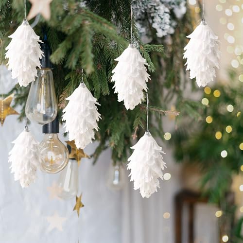 HERZONE 6pcs weihnachtsanhänger Weiße Glitzer Pinienzapfen...