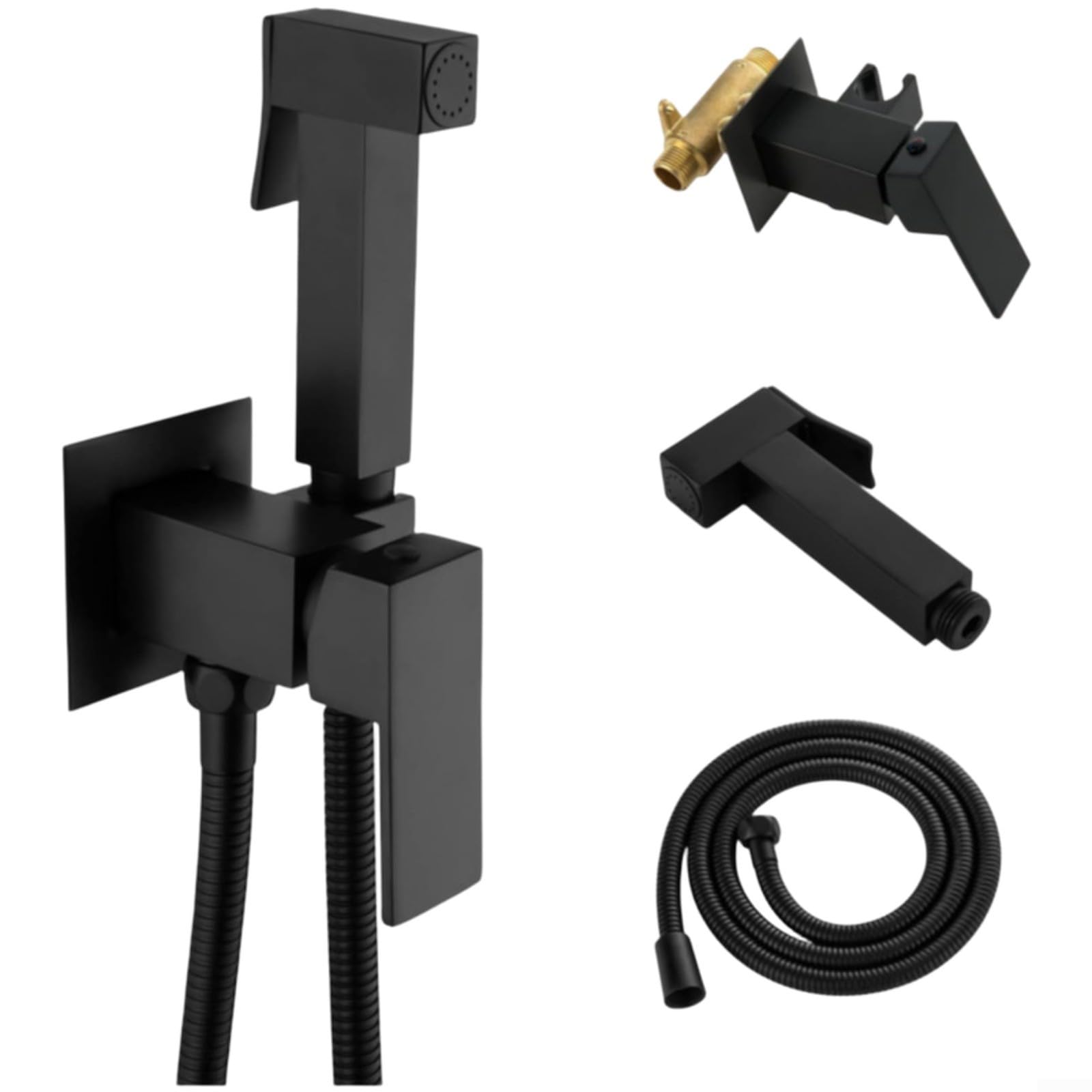 Entgoinggo Copper Bidet Sprayer, Hot & Cold Water Handheld Toilet Shower Kit, G1/2 Concealed Wall Mount Muslim Shattaf Spray Gun with Adjustable Flow & Complete Brass Fittings, Matte Black Square