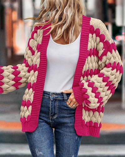 KIRUNDO Womens Cardigans Cute Color Block Stripe Long Sleeve Cardigan Sweaters Crochet Chunky Knit Sweater Outwear Trending Clothes for Women 2026 Hot Pink Outfits(Rose Red, X-Large) — view 5