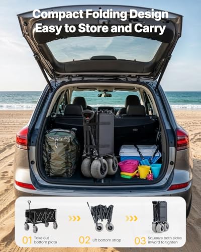 Image of Beach Wagon with Big Wheels for Sand, 260L Capacity, Heavy Duty All-Terrain Folding Wagon with Expandable Rear, Durable Carbon Steel Frame & Big 8.3 inch Wheels for Beach, Outdoor & Camping Activities