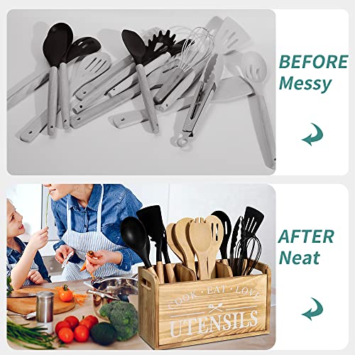 Kitchen-Utensil-Holder-for-Countertop-Large-Solid-Wood-Farmhouse-Cooking-Utensils-Organizer-for-Kitchen-Counter-3-Compartments-Utensil-Spoon-Holder-Kitchen-Tool-Storage-for-Home-Decor-Burned-wood Kitchen Utensil Holder for Countertop Large Solid Wood Farmhouse Cooking Utensils Organizer for Kitchen Counter 3 Compartments Utensil Spoon Holder Kitchen Tool Storage for Home Decor Burned wood