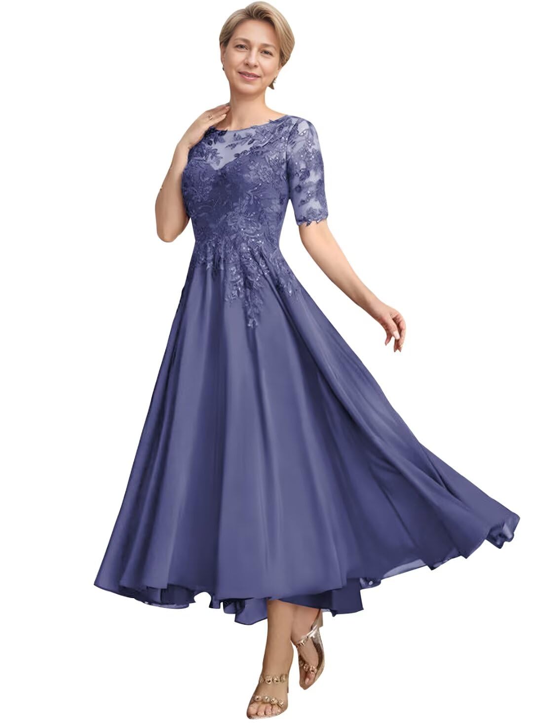 Mother of The Bride Dresses for Wedding Tea Length Lace Chiffon 3 4 Sleeves Formal Evening Gowns