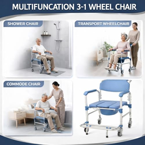 Image of 3-in-1 Commode Wheelchair for Seniors & Patients 150kg Capacity Portable Shower Chair with Rolling Wheels & Removable Bucket, Fits Indian & Western Toilets (90x55x51 cm, Blue)
