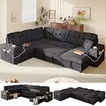 108" Canapé de couchette sectionnelle modulaire avec lit d'appoint, en U 7 Couches d'assise pour le salon, lit de canapé nuage avec rangement, dossier inclinable, USB Charge, tissu Chenille, noir de luxe