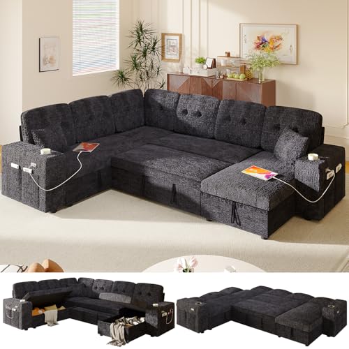 Image of Modular Sectional Sleeper Sofa with Pull Out Bed, 108 Inch U Shaped 7 Seat Couches for Living Room, Chenille Fabric Cloud Couch Bed with Storage, Reclining Backrest, USB Charging, Luxury Black