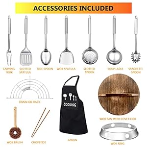 Carbon Steel Wok Pan, 14 Piece Woks & Stir-Fry Pans Set with Wooden Lid Cookwares, No Chemical Coated Flat Bottom Chinese Pan for Induction, Electric, Gas, Halogen All Stoves - 12.6'' Carbon Steel Wok Pan 14 Piece Woks Stir Fry Pans Set with Wooden Lid Cookwares No Chemical Coated Flat Bottom Chinese Pan for Induction Electric Gas Halogen All Stoves 126