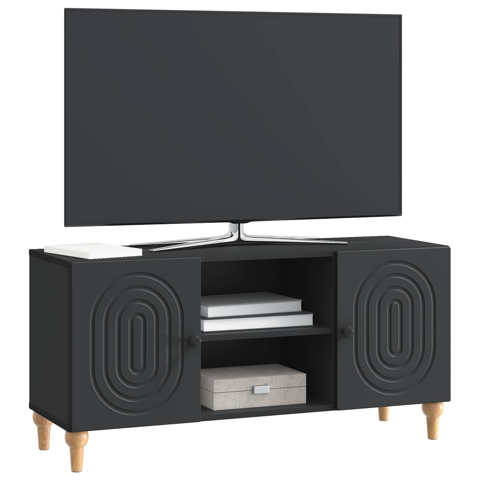 Mobile TV nero, 102 x 34,5 x 50 cm, moderno mobile basso in legno con 2 ante e mensola per soggiorno, stabile, con motivo a righe, portata fino a 60 kg