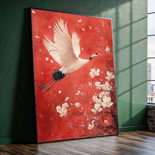 Tableau grue rouge 50x70 cm bohème floral pour grand salon moderne