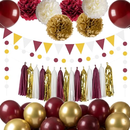 Burgundy Party Decorations Set with Paper Pom Poms Tassel Garland Triangle Banner Circle Dots Garland Balloons for Birthday Baby Shower Graduation