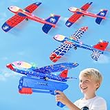 HitToys Airplane Launcher Toy for Kids, 3 Pack Spider Foam Gliders Air Planes with Led, 2 Flight Modes 3 4 5 6 7 Year Old Boys Girls Outdoor Flying Toys Outside Sport Games Birthday