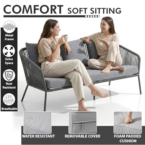 Image of Amazon Brand - Solimo Solix Outdoor Rope Sofa Set | Balcony Sofa | Patio Conversation Sets | Braided Rope Garden Sofa Set and Center Table (5 Seater-Grey)