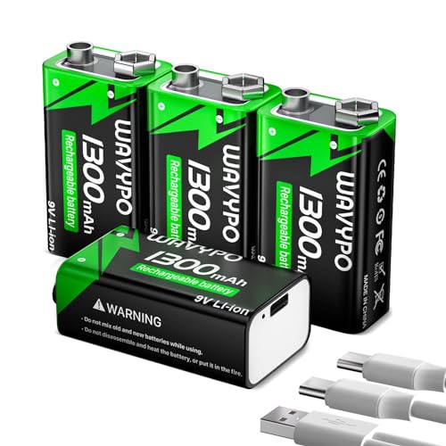 9V 1300mAh Rechargeable Lithium Batteries (4 Pack)