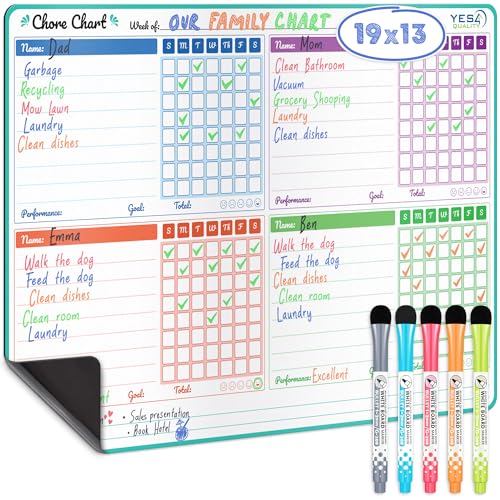 Yes4Quality - Magnetic Dry Erase Chore Chart - 48x33 cm - Behaviour Chart for Multiple Kids - Family Weekly Chores Checklist - Stain Resistant Planner for Fridge with 5 Colourful Markers