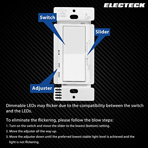 10 Pack - ELECTECK Single Pole/3 Way Dimmer Light Switch for Dimmable LED/Halogen/Incandescent Bulbs, Universal Lighting Control, Screwless Wallplate, UL Listed, White - Thumbnail 4
