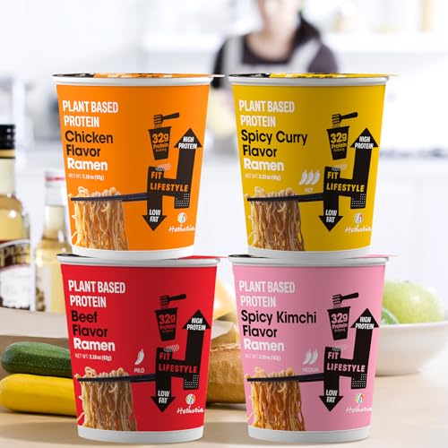 Image of Hethstia High Protein Ramen Variety Pack, 6-Pack Instant Vegan Noodle Soup Cups - Chicken, Beef, Spicy Curry, Kimchi - 32g Plant Protein, Non-Fried, Low Fat, Healthy Quick Meal