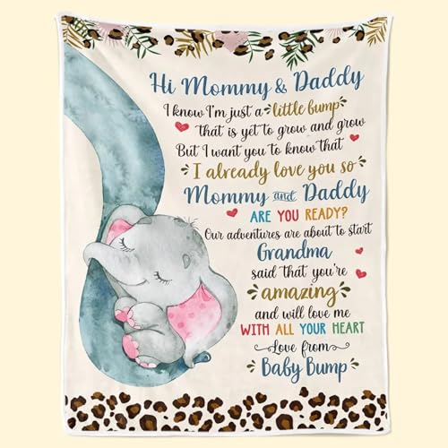 Personalized Hi Mommy and Daddy Blanket from Baby Bump, I Know I'm Just A Little Bump, Custom Elephant Baby Name Blanket, Gift for New First Mom Dad to Be