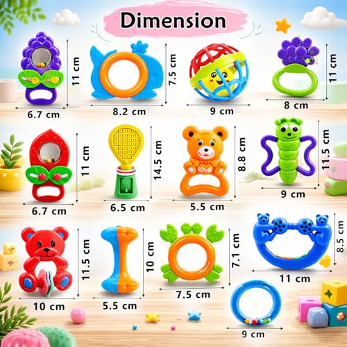 Image of WISHKEY Plastic Colorful Non Toxic BPA Free Shake & Grab Rattles and Soothing Teethers for Babies & Infants, Early Age Toys for Kids (Pack of 13, Multicolor)