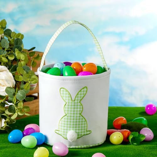 Image of Easter Basket with Handle Easter Bucket Easter Baskets Easter Basket Bags Egg Hunt Basket Canvas Plaid Bunny Print Basket with Fluffy Tail (Pink Plaid+Green Plaid)