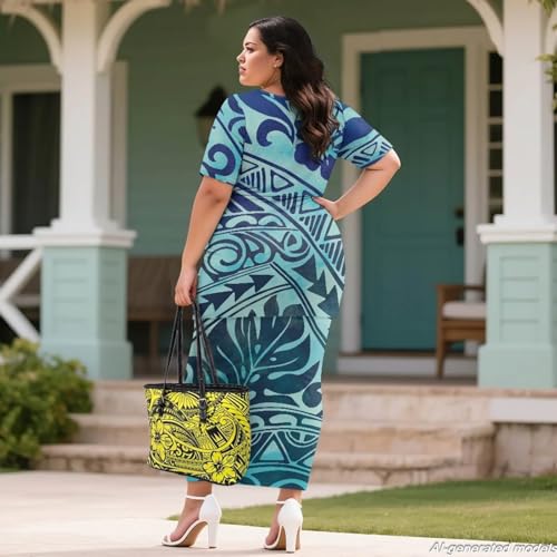 Image of Polynesian Dress for Women Short Sleeve High Waist Maxi Skirt | Puletasi dress, t-shirt and skirt two-piece, elastic material, lightweight, soft, plus size, luau party, wedding, clubwear