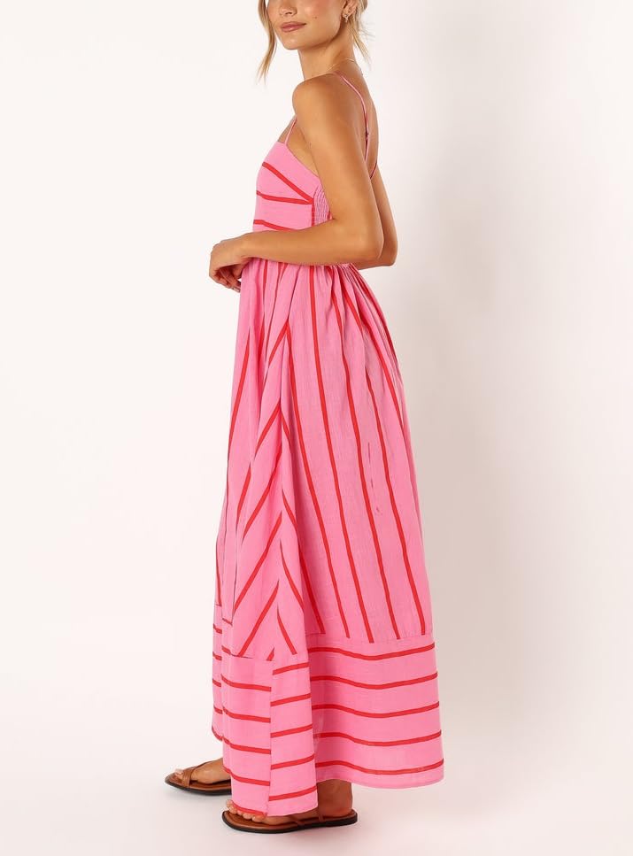 Image of Women Striped Maxi Dress Smocked Backless Spaghetti Strap Long Flowy Dress Sleeveless Boho Aline Sundress