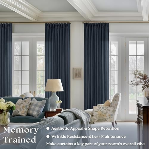 Image of Extra Long Navy Linen Curtains 120 Inches Long Dark Blue Indigo Farmhouse Modern Curtain Light Filtering Semi Sheer Back Tab Pinch Pleat Curtain for Tall Ceiling Living Room Bedroom 2 Panels