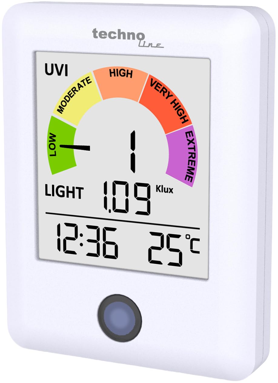 technoline WS9320 monitor promieniowania UV z indeksem UV i światłomierzem | pomiar UV w czasie rzeczywistym co 60 sekund | temperatura i godzina wnętrza | alarm UV ze skalą kolorów | miernik